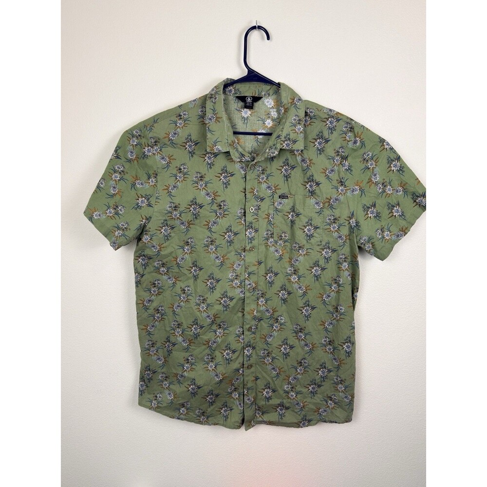 Volcom Floral Hawaiian Camp Shirt Mens XXL Green Short Sleeve Tropical Button up